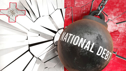 Malta and National debt that destroys the country and wrecks the economy. National debt as a force causing possible future decline of the nation,3d illustration