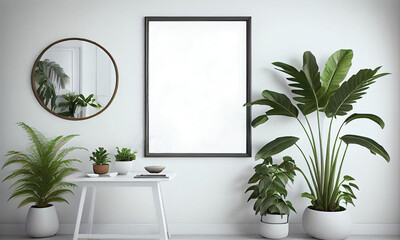 Frame mockup empty blank on wall, mirror and houseplants on scandinavian interior. Generative AI