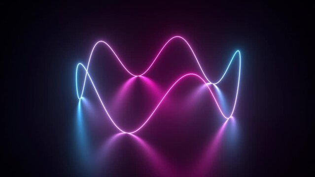 Ultraviolet neon light figure in the shape of a crown rotating on black background. Luminous curved lines. Electric light show.  Abstract wavy pink blue led or laser with reflection on the ground.