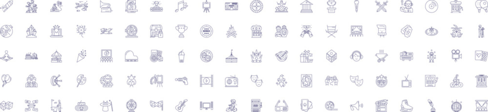 Entertainment line icons signs set. Design collection of games, movies, theater, comedy, music, dance, sports, TV outline concept vector illustrations