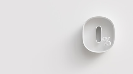 White 3d 0 (zero) percent on white background. For advertising promotion, 3d financial concept design. Promotional materials for free fees. 0% interest special offer. Symbol icon with percentage.