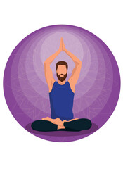 bearded character man meditating in lotus position on purple background in FaceLess style