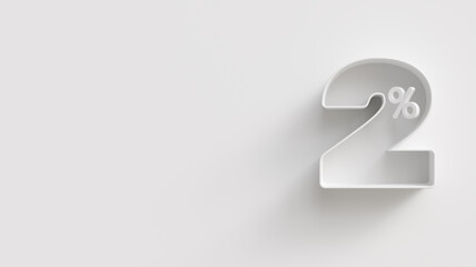 White 3d 2 (two) percent on white background. For advertising promotion, 3d financial concept design. Promotional materials. 2% interest special offer. Symbol icon with percentage.
