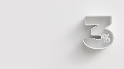 White 3d 3 (three) percent on white background. For advertising promotion, 3d financial concept design. Promotional materials for low rate. 3% interest special offer. Symbol icon with percentage.