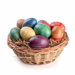 A wooden basket filled with colorful easter eggs - isolated on a white background