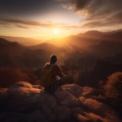 Obraz premium Backpacker sitting on a rock overlooking a mountain at sunset