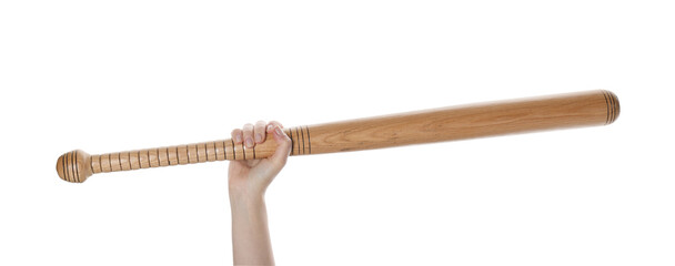 Woman holding baseball bat on white background, closeup
