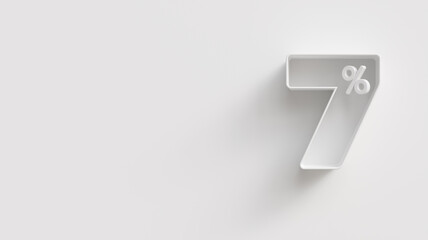 White 3d 7 (seven) percent on white background. For advertising promotion, 3d financial concept design. Promotional materials. 7% interest special offer. Symbol icon with percentage.