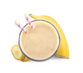 Glass of tasty banana smoothie with straws and fresh fruit on white background, top view