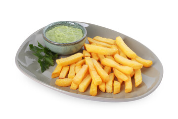 Plate with delicious french fries, avocado dip and parsley isolated on white