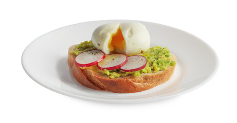 Delicious sandwich with boiled egg, mashed avocado and radish slices isolated on white