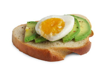 Delicious sandwich with boiled egg and pieces of avocado isolated on white