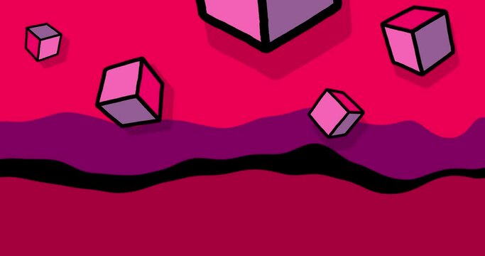 Wipe lquid transition with a few cubes cartoon pink blue color. Linear doodle black outline animation figure rotation. Seamless loop and alpha channel. Motion design element.