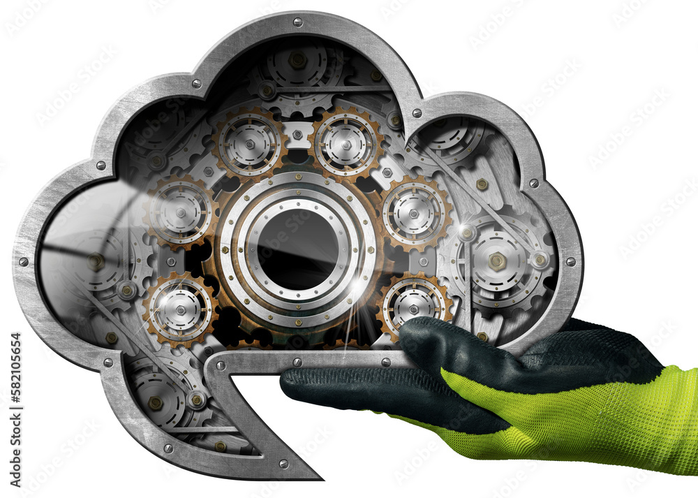Poster manual worker with protective work glove holding a metallic cloud computing symbol in the shape of s