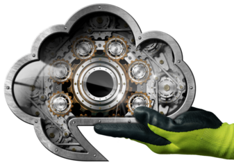 Manual worker with protective work glove holding a metallic Cloud Computing Symbol in the shape of speech bubble with cogwheels inside. Isolated on white or transparent background. Png.