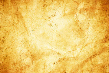 Bright yellow paper background. Parchment paper texture. Coffee stains soft pattern. Brown splash texture. Burned noisy letter structure.
