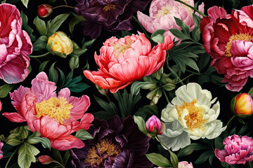 Fototapeta premium Seamless pattern with a pattern of peonies on a dark background. Generative AI. Can be used for textiles, yoga mats, phone cases