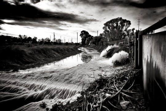black and white picture of environmental pollon from discharge of sewage, created with generative ai