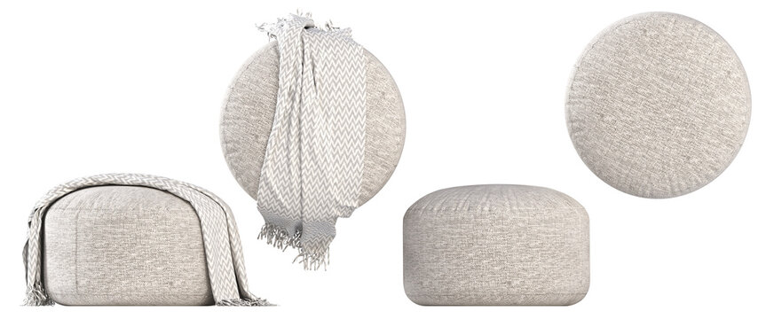 soft pouf isolated on white background, interior furniture, 3D illustration, cg render