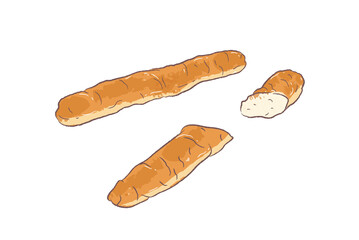 Whole and half long brown baguette in cute simple cartoon illustration