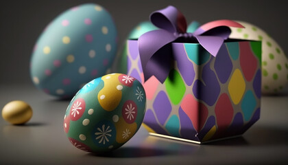 Little Bunny In Basket With Decorated Eggs - Easter Card. Generative AI.