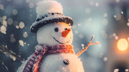 Snowing, Close-up of a snowman, bokeh, AI Generated	