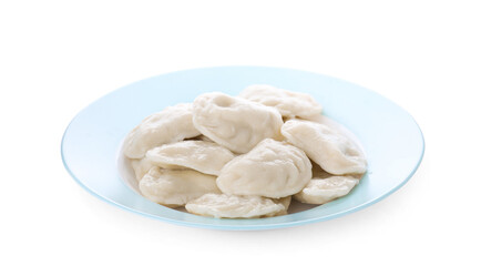 Fototapeta na wymiar Plate with tasty dumplings (varenyky) on white background