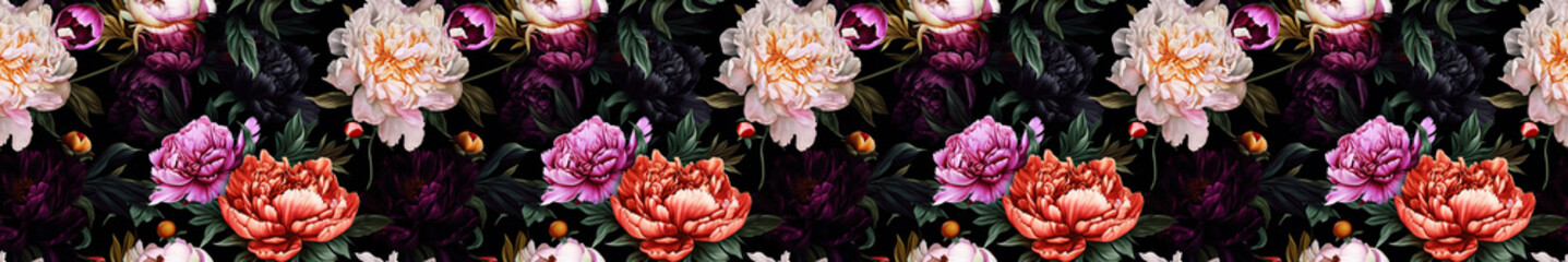 Seamless pattern with vintage peonies on a black background. Generative AI. Panoramic horizontal illustration. Can be used for textiles, yoga mats, phone cases