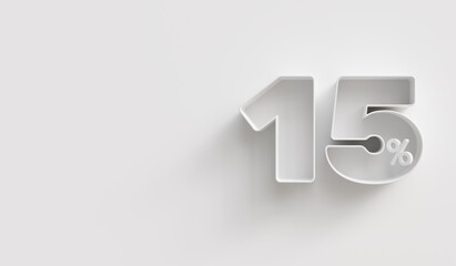 White 3d 15 (fifteen) percent on white background. For advertising promotion, 3d financial concept design. Promotional materials. 15% interest special offer. Symbol icon with percentage.