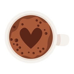 Cup of coffee with foam and heart. Top view. Vector illustration. Hand drawn style.