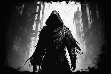 Shadowy assassin lurking in the shadows, ready to strike. the assassin's stealthy form and ominous atmosphere. sense of fear and danger. solid dark background, emphasizing focus on character. Ai