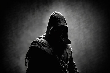 Shadowy assassin lurking in the shadows, ready to strike. the assassin's stealthy form and ominous atmosphere. sense of fear and danger. solid dark background, emphasizing focus on character. Ai