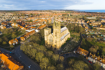 aerial drone shot of a church in the center of Bridlington, United Kingdom. High quality photo