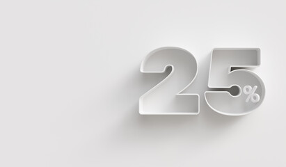 White 3d 25 (twenty-five) percent on white background. For advertising promotion, 3d financial concept design. Promotional materials. 0% interest special offer. Symbol icon with percentage.