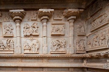 Fototapeta na wymiar Hazara Rama Temple in Hampi has bas reliefs depicting the story of Ramayana