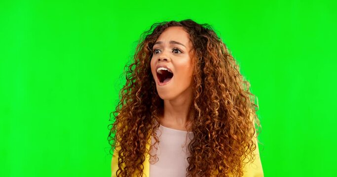 Green screen, frustrated and woman in studio with unexpected bad news, angry and omg on mockup background. Wtf, open mouth and emoji by annoyed girl express omg, anxiety and crisis while isolated