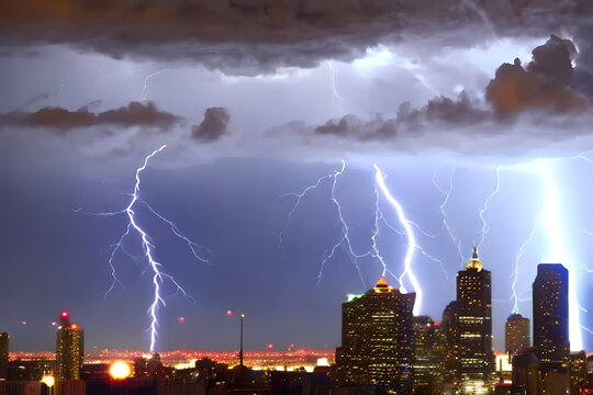 AI generated image of a scene where lightning strikes lightning rods on top of buildings in the city