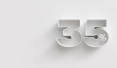 White 3d 35 (thirty-five) percent on white background. For advertising promotion, 3d financial concept design. Promotional materials. 35% interest special offer. Symbol icon with percentage.