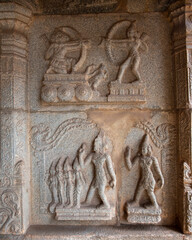Hazara Rama Temple in Hampi has bas reliefs depicting the story of Ramayana