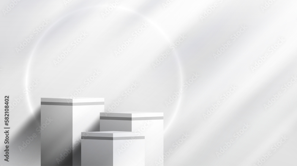 Poster 3d realistic group of white and gray color podium stand cube shape display with circle neon lighting