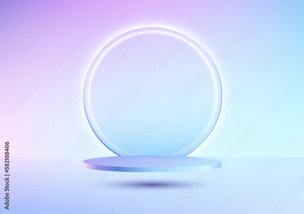 Poster 3d realistic blue and pink gradient empty podium floting in the air with circle transparent glass an