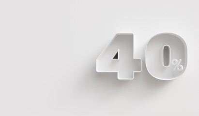 White 3d 40 (forty) percent on white background. For advertising promotion, 3d financial concept design. Promotional materials. 40% interest special offer. Symbol icon with percentage.