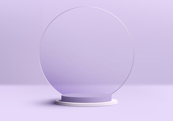 3D realistic luxury empty purple and white podium pedestal stand on purple background with circle transparent glass backdrop