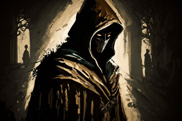 Shadowy assassin lurking in the shadows, ready to strike. the assassin's stealthy form and ominous atmosphere. sense of fear and danger. solid dark background, emphasizing focus on character. Ai