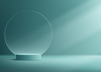 3D realistic luxury empty blue turquoise podium cylinder shape product display with circle transparent glass backdrop