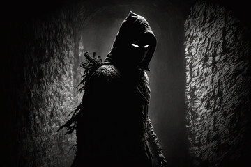 Shadowy assassin lurking in the shadows, ready to strike. the assassin's stealthy form and ominous atmosphere. sense of fear and danger. solid dark background, emphasizing focus on character. Ai