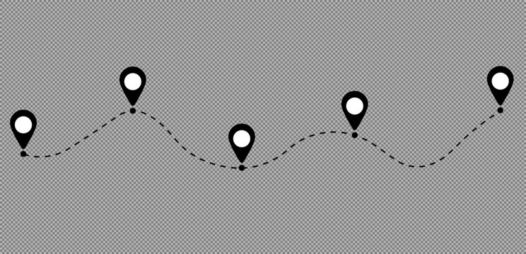 Line drawing of map location pointers. Map pin or navigation pointer with single line route or way. Vector illustration.