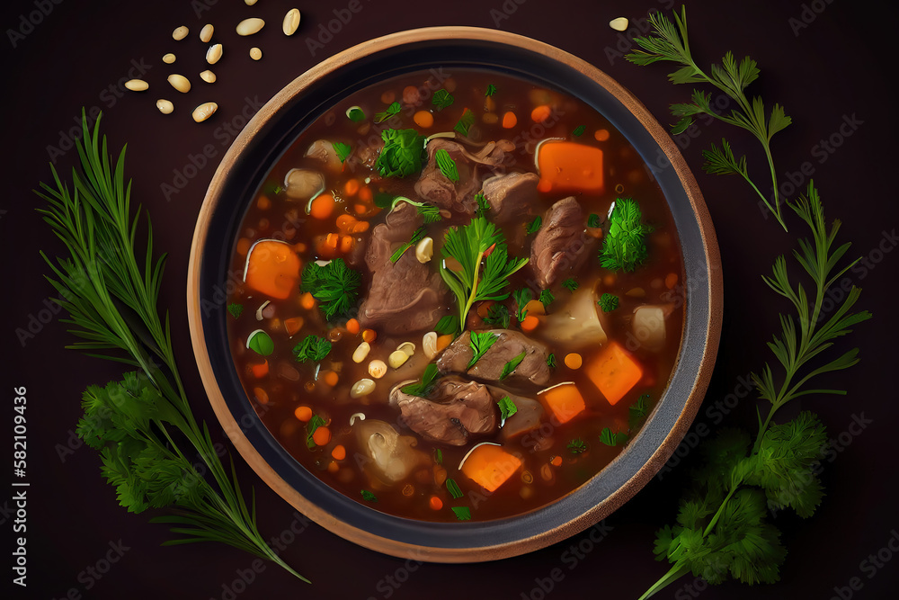 Poster beef with potatoes in mushroom sauce. generative ai
