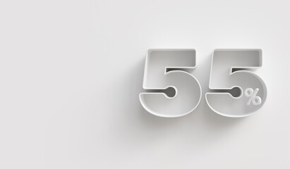 White 3d 55 (fifty-five) percent on white background. For advertising promotion, 3d financial concept design. Promotional materials. 55% interest special offer. Symbol icon with percentage.