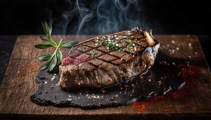 delicious roast or grilled beef steak at rare medium grade over table with seasonings. hot meat grilled, grilling barbecue dinner steak. generative ai